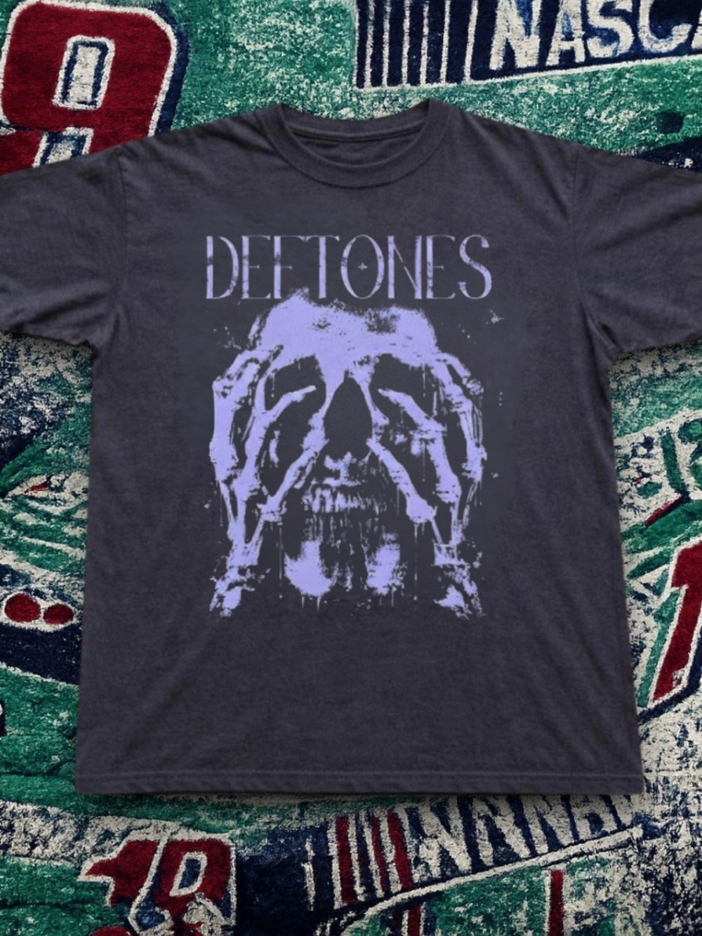 Gildan Charcoal Deftones Skull Graphic Tee with Lavender Print